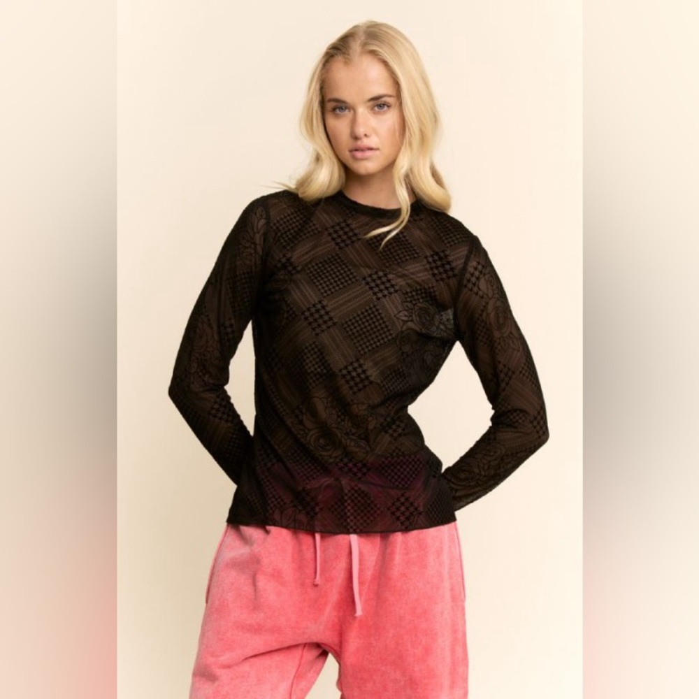 🟠426B-BLACK. Floral Plaid Velvet Flocked Mesh Top